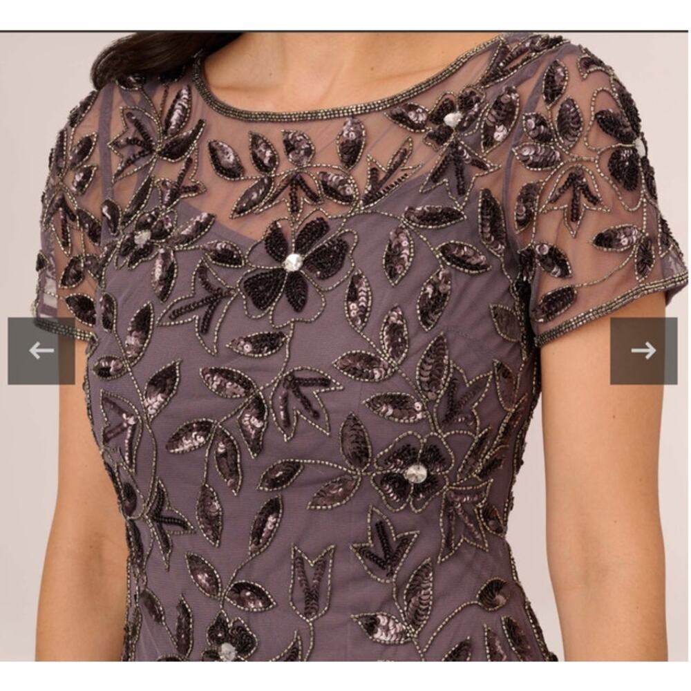 Adrianna Papell Hand Beaded Short Sleeve Floral Godet Gown in Moonscape Dress 0 - Picture 5 of 12